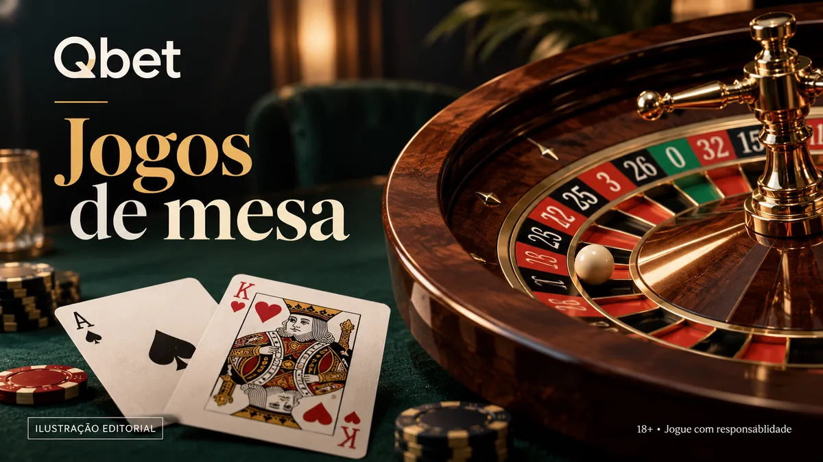 Roleta de madeira e cartas de baralho com o texto Qbet Jogos de mesa