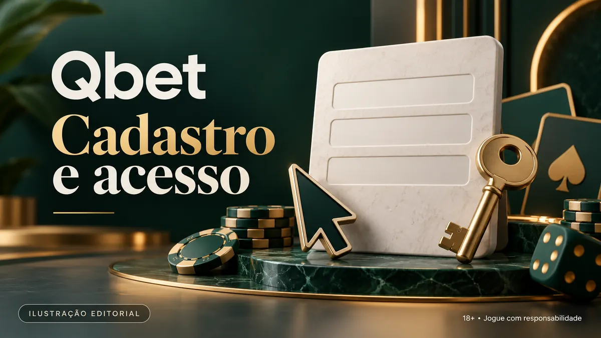 Formulário de mármore, cursor e chave dourada com o texto Qbet Cadastro e acesso