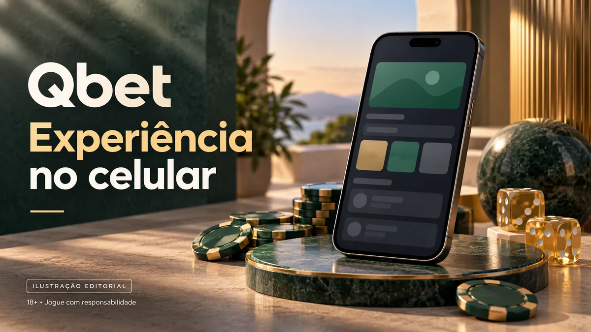 Celular em suporte de mármore entre fichas e dados, com o texto Qbet Experiência no celular