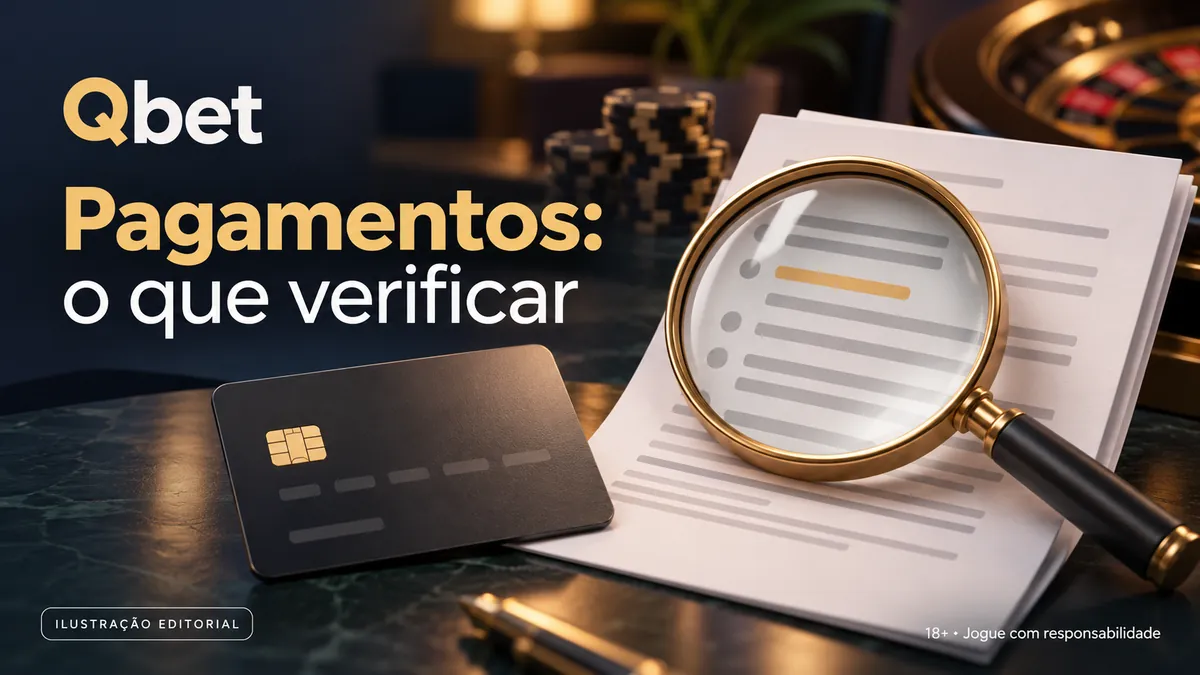 Cartão bancário preto e lupa sobre documentos, com o texto Qbet Pagamentos: o que verificar