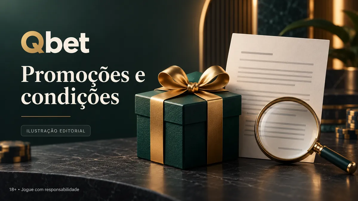 Caixa de presente verde com laço dourado e lupa sobre um documento, com o texto Qbet Promoções e condições