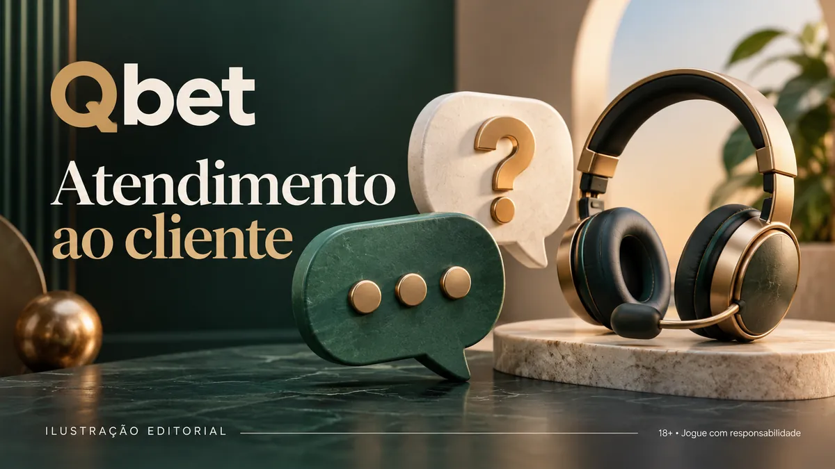 Fone de ouvido e balões de conversa com ponto de interrogação, com o texto Qbet Atendimento ao cliente