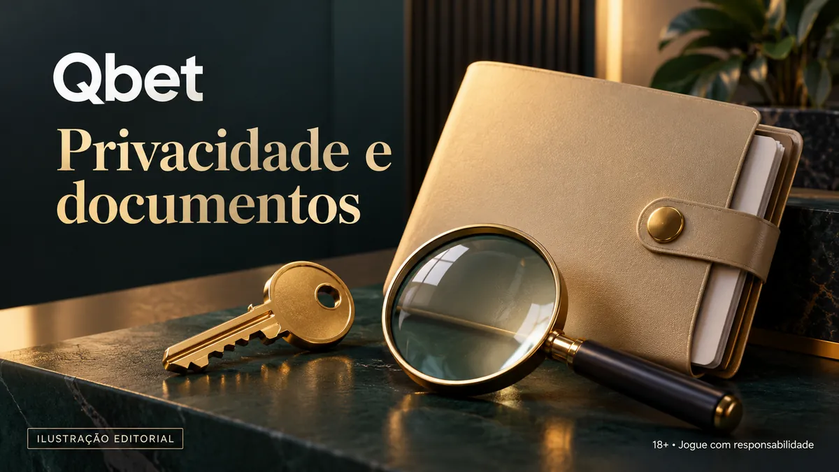 Carteira dourada, chave e lupa sobre mármore verde, com o texto Qbet Privacidade e documentos