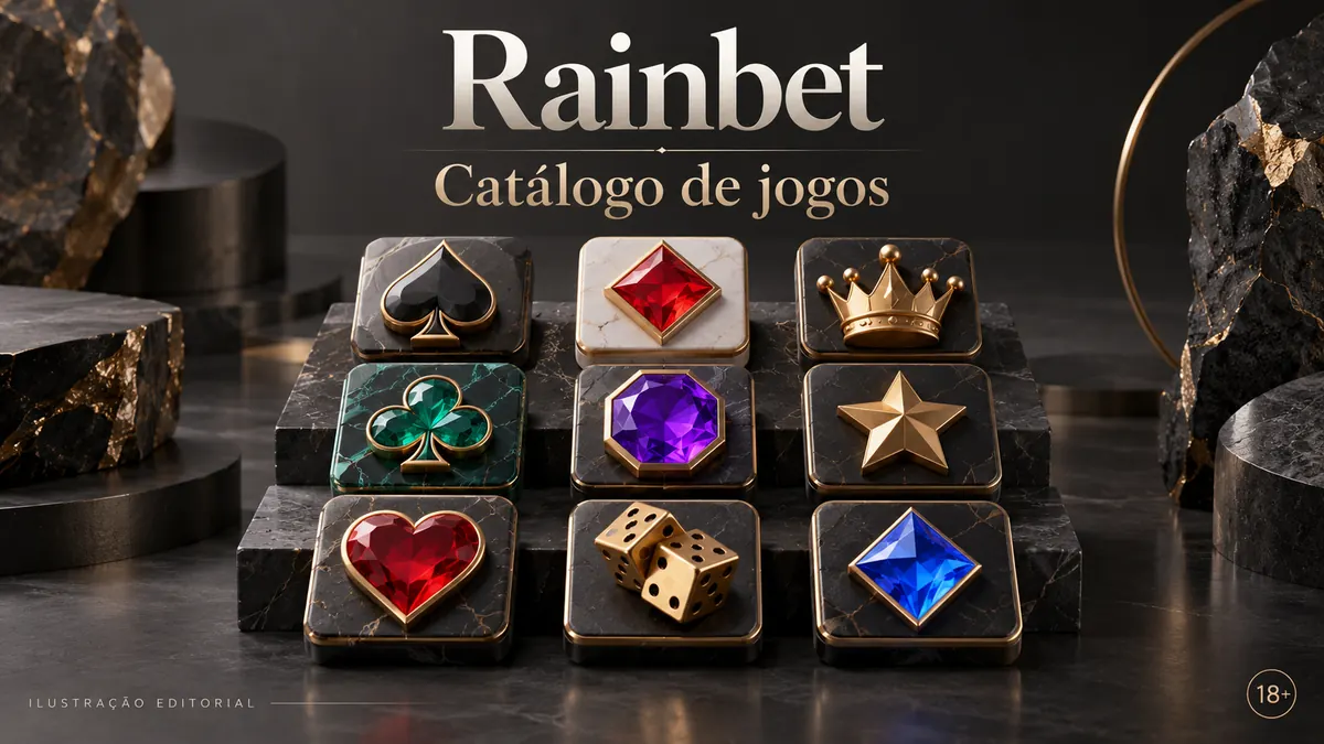 Catálogo de jogos de Rainbet: slots, mesas e cassino ao vivo. Ilustração editorial.