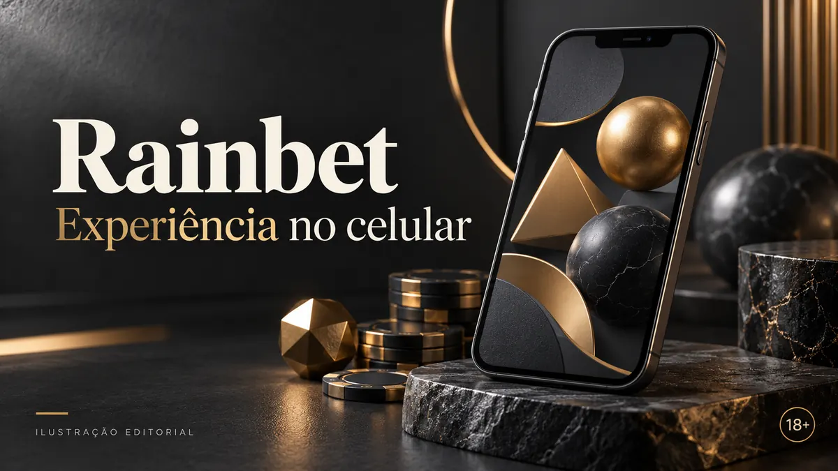 Rainbet no celular: funciona pelo navegador, o app é opcional. Ilustração editorial.