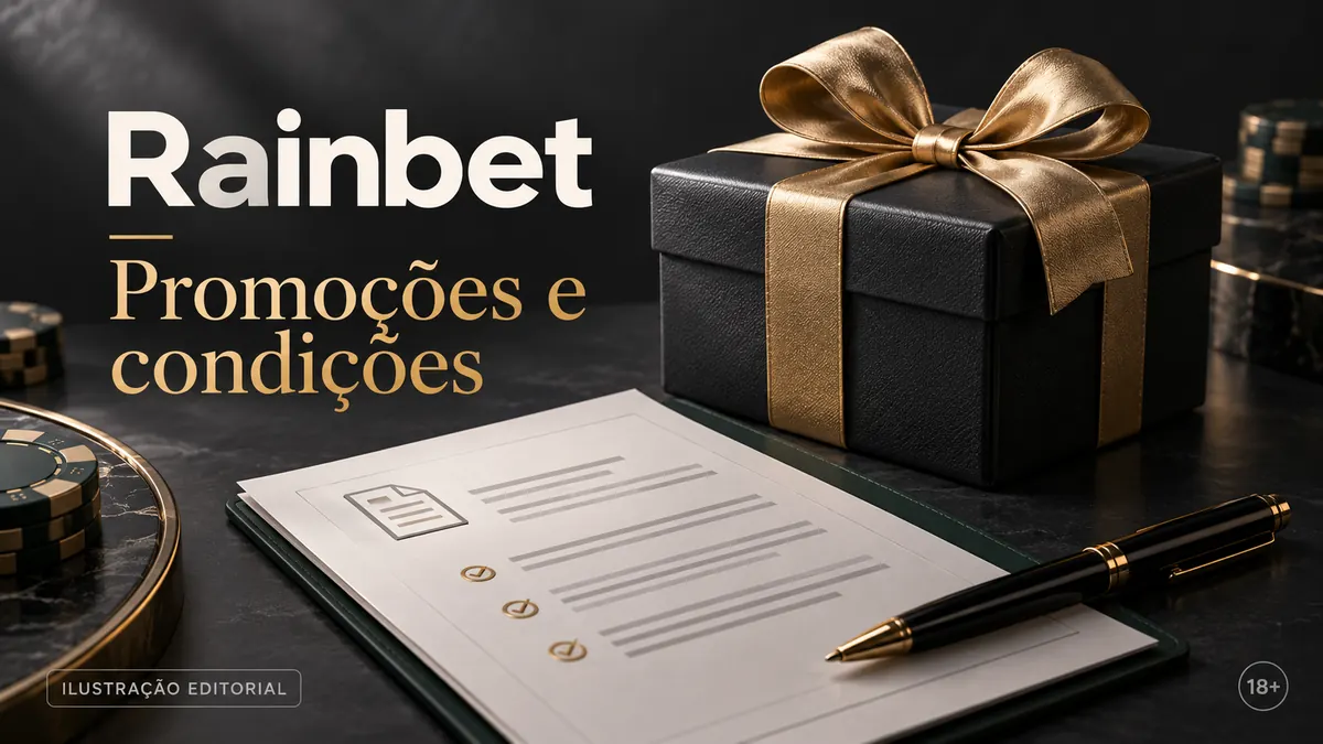 Promoções e condições em Rainbet: confira o rollover e a aposta máxima. Ilustração editorial.