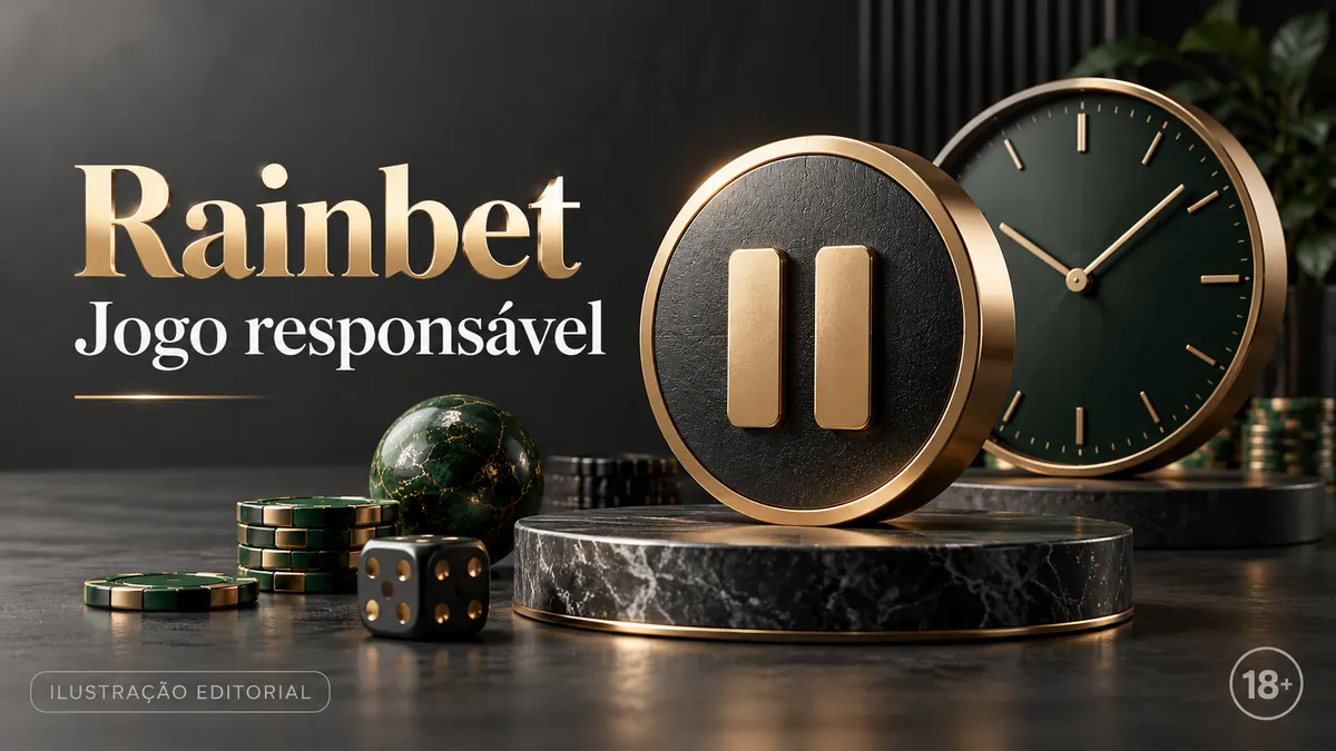 Jogo responsável em Rainbet: limites de depósito, pausas e autoexclusão. Ilustração editorial.