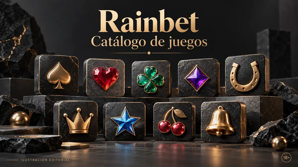 Catálogo de juegos de Rainbet: tragamonedas, mesas y casino en vivo. Ilustración editorial.