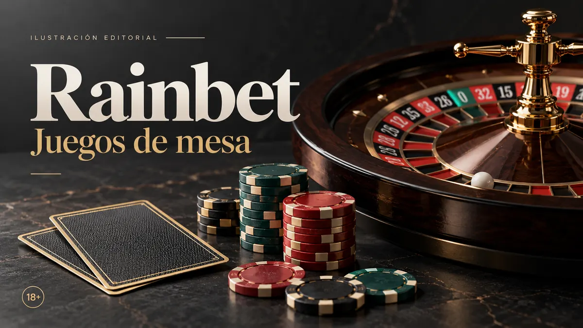 Juegos de mesa en Rainbet: ruleta, blackjack y bacará. Ilustración editorial.