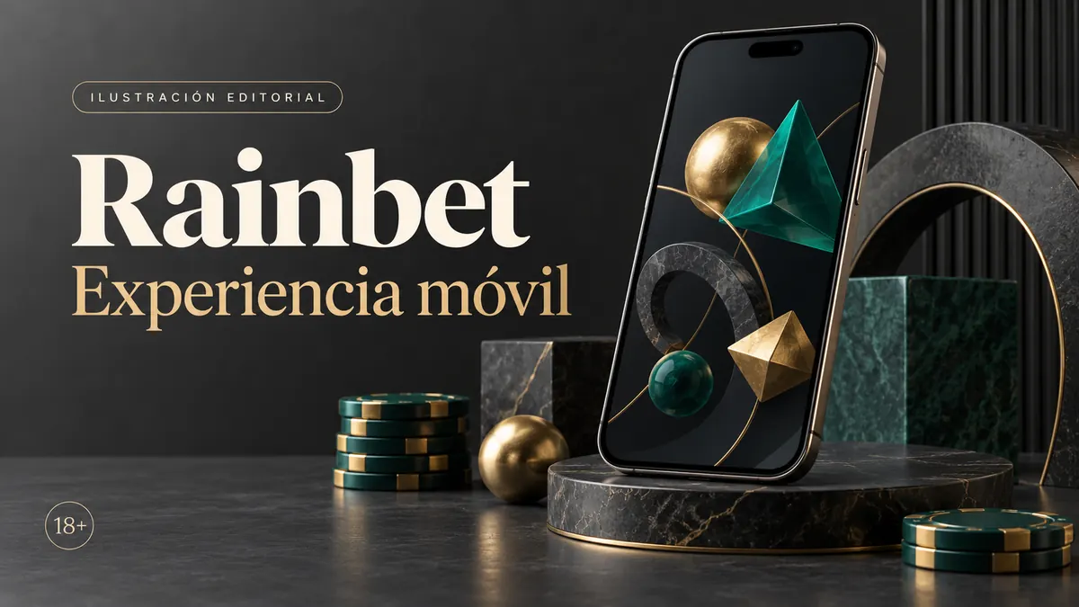 Rainbet en el celular: funciona desde el navegador, la app es opcional. Ilustración editorial.