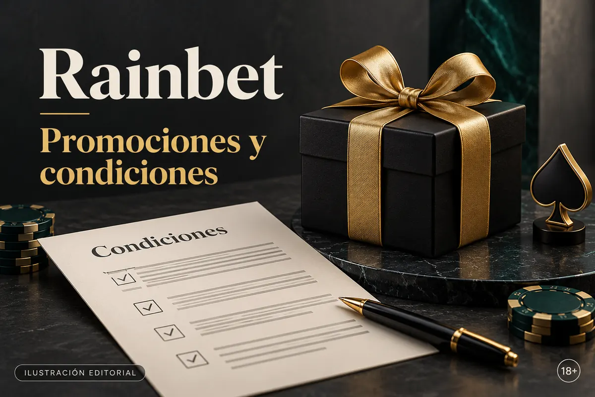Promociones y condiciones en Rainbet: revisa el rollover y la apuesta máxima. Ilustración editorial.