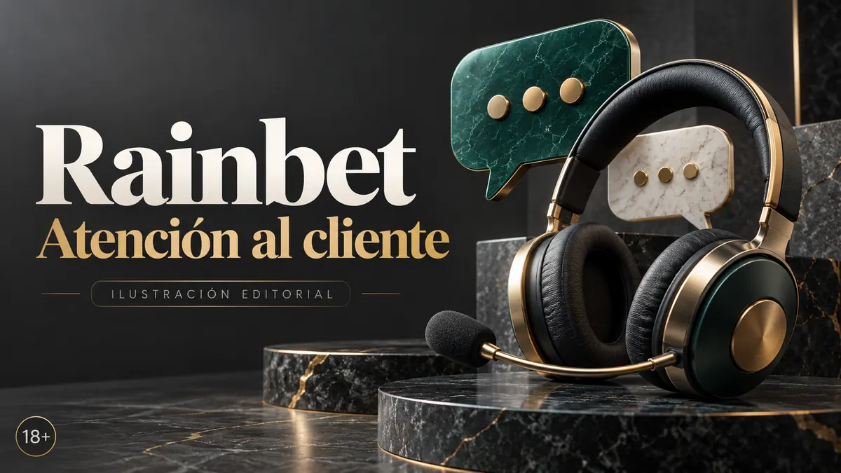 Atención al cliente de Rainbet: chat y correo; comprueba horarios e idioma. Ilustración editorial.