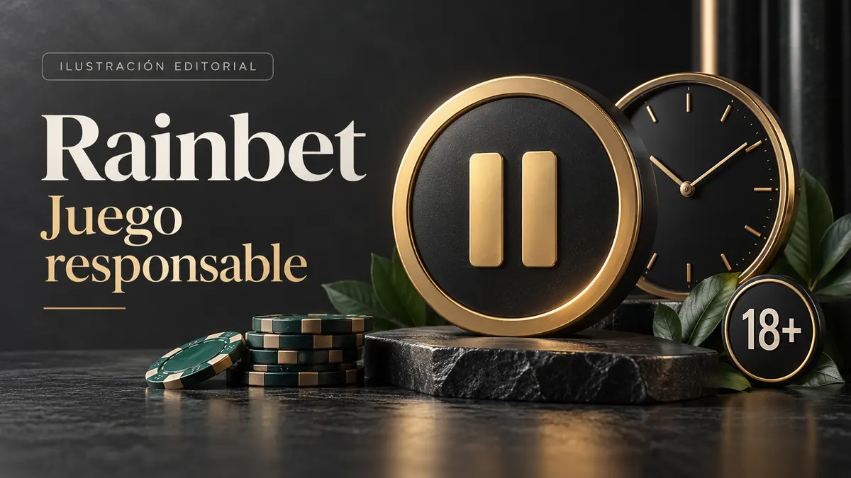 Juego responsable en Rainbet: límites de depósito, pausas y autoexclusión. Ilustración editorial.