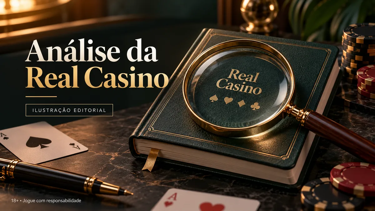 Livro verde com Real Casino gravado em dourado sob uma lupa, cartas e caneta