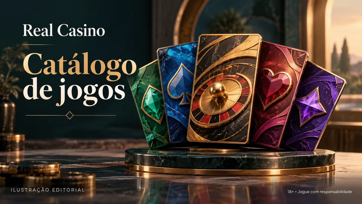 Leque de cartas com joias e uma roleta ao centro, título Catálogo de jogos