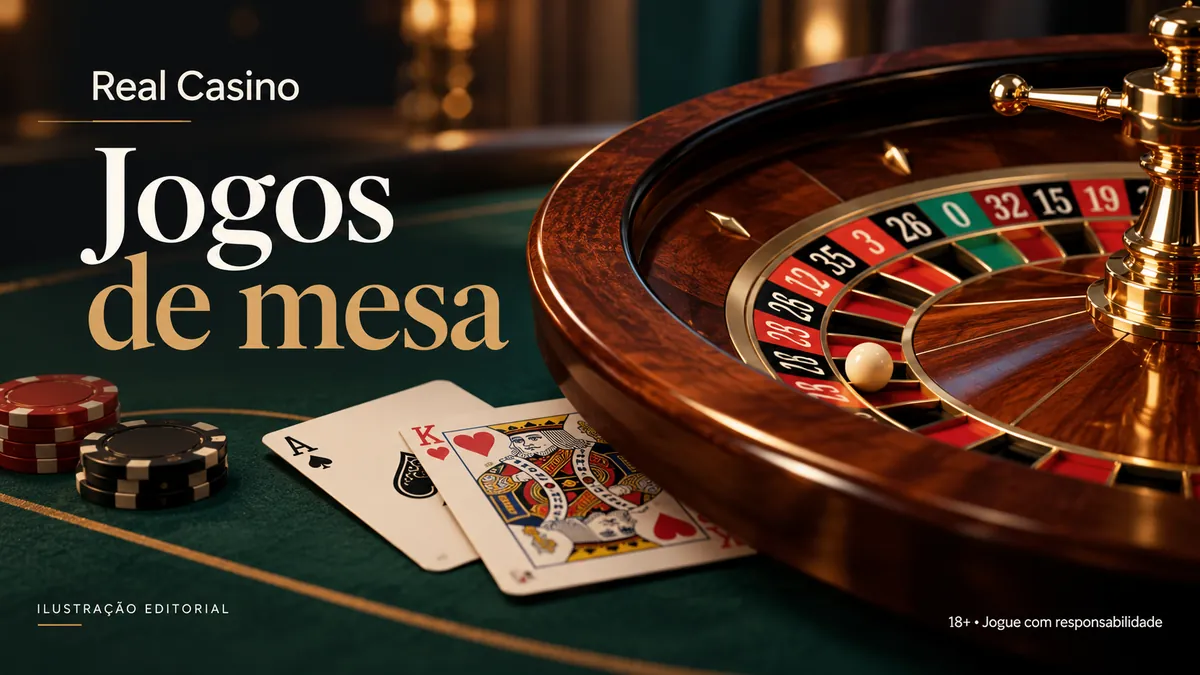 Roleta em primeiro plano com ás e rei sobre feltro verde, título Jogos de mesa