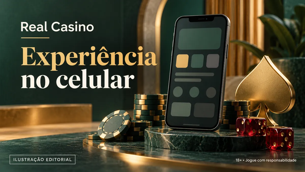 Celular sobre base de mármore com fichas, dados e um naipe dourado, título Experiência no celular