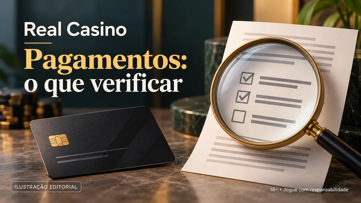 Cartão preto e lista de checagem ampliada por lupa, título Pagamentos: o que verificar