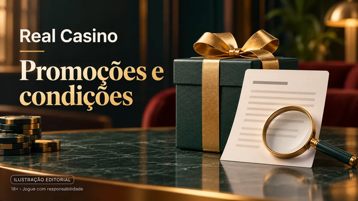 Presente verde com laço dourado e documento com lupa, título Promoções e condições