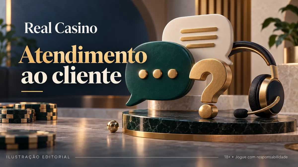 Balões de conversa, ponto de interrogação dourado e headset, título Atendimento ao cliente