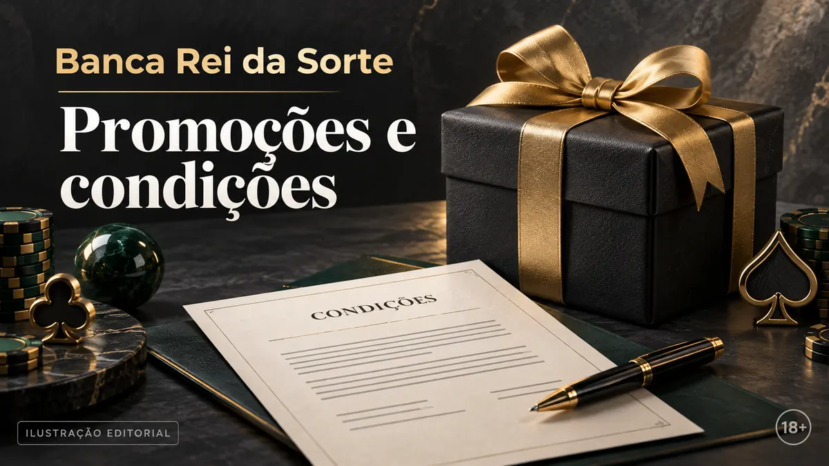 Promoções e condições em Rei da Sorte: confira o rollover e a aposta máxima. Ilustração editorial.