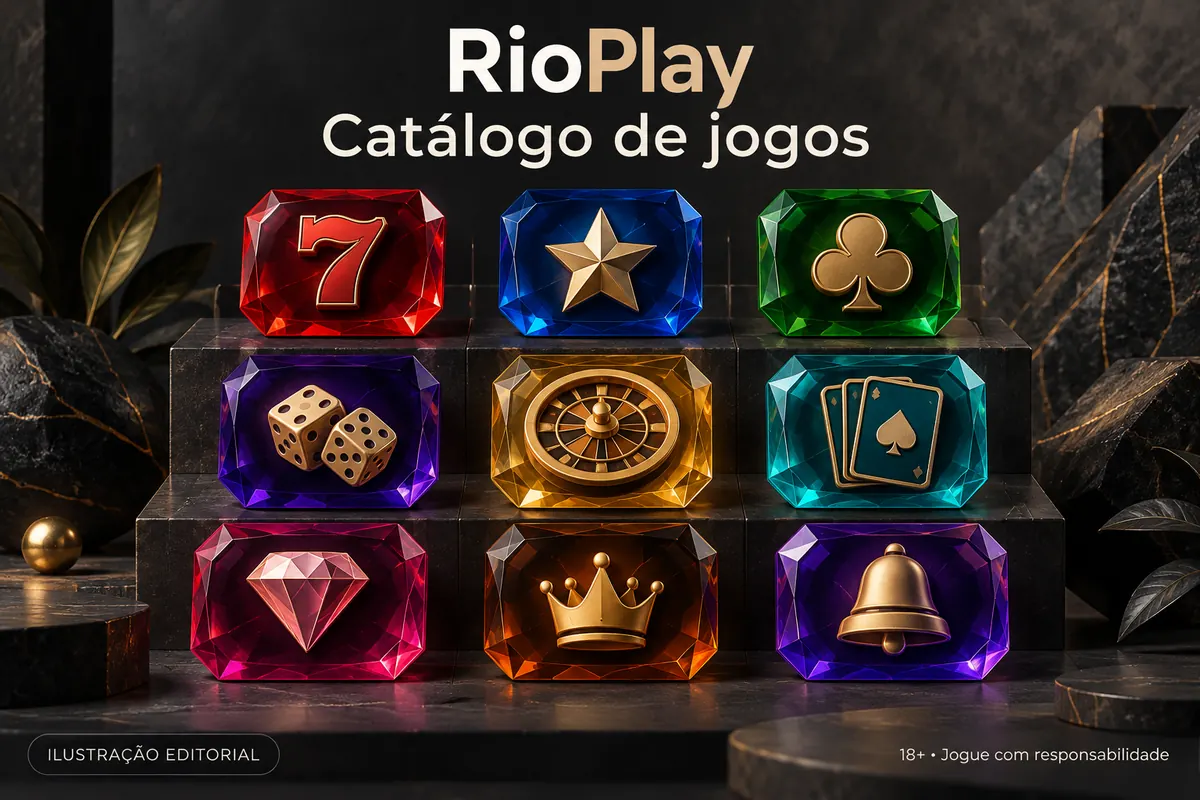 Catálogo de jogos de RioPlay: slots, mesas e cassino ao vivo. Ilustração editorial.