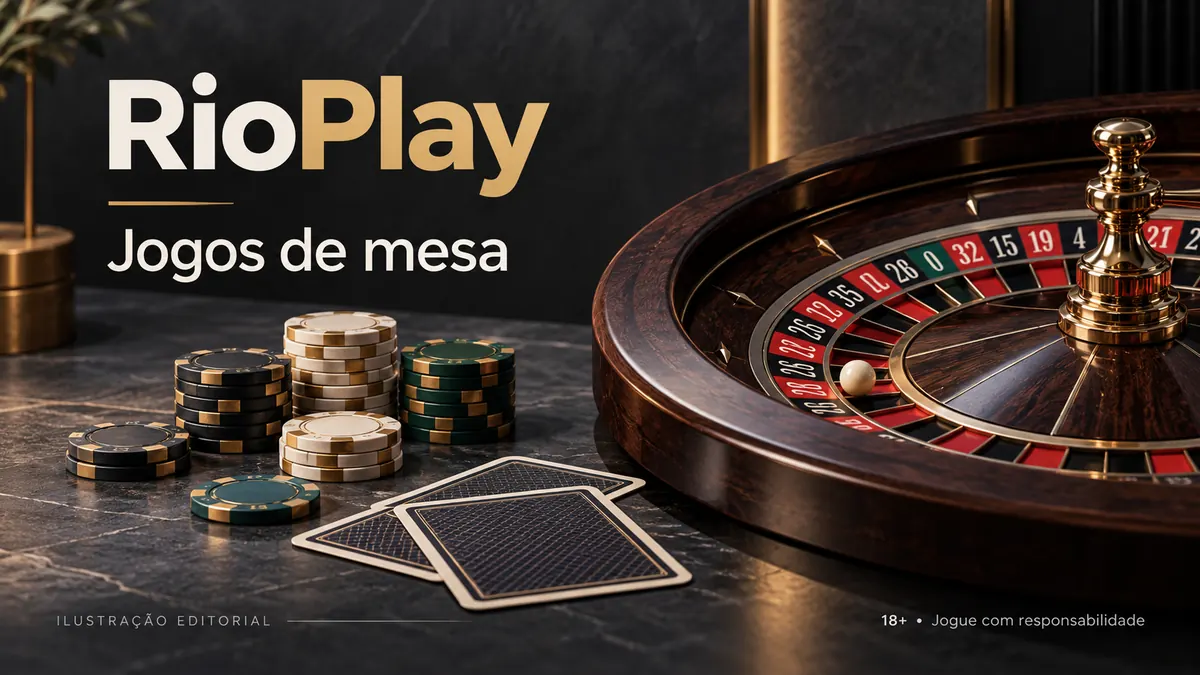 Jogos de mesa em RioPlay: roleta, blackjack e bacará. Ilustração editorial.
