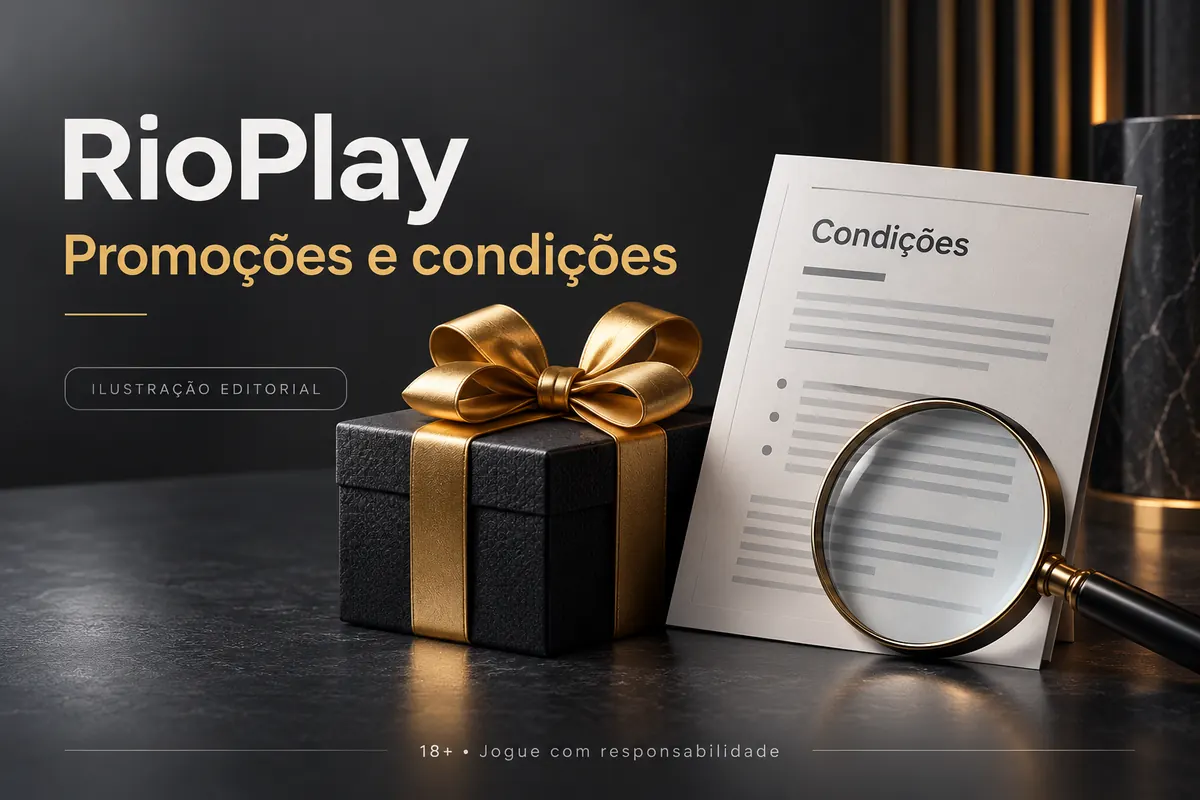 Promoções e condições em RioPlay: confira o rollover e a aposta máxima. Ilustração editorial.
