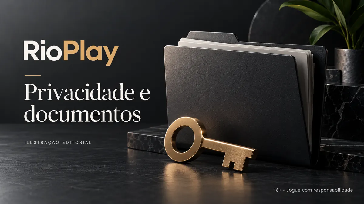 Privacidade e documentos em RioPlay: verificação de identidade antes do primeiro saque. Ilustração editorial.