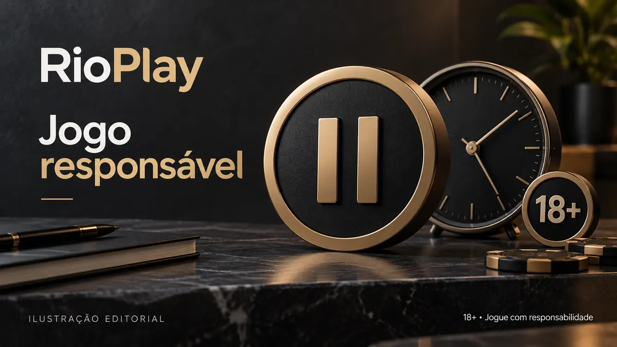 Jogo responsável em RioPlay: limites de depósito, pausas e autoexclusão. Ilustração editorial.
