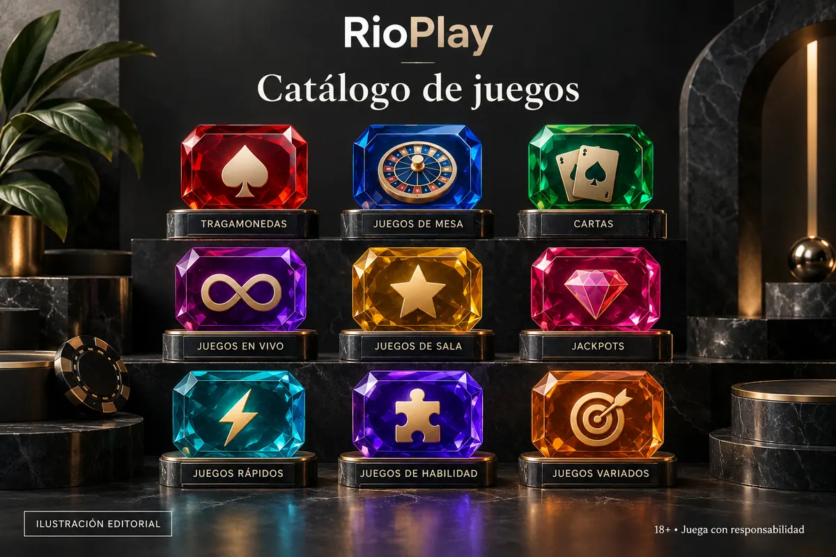 Catálogo de juegos de RioPlay: tragamonedas, mesas y casino en vivo. Ilustración editorial.