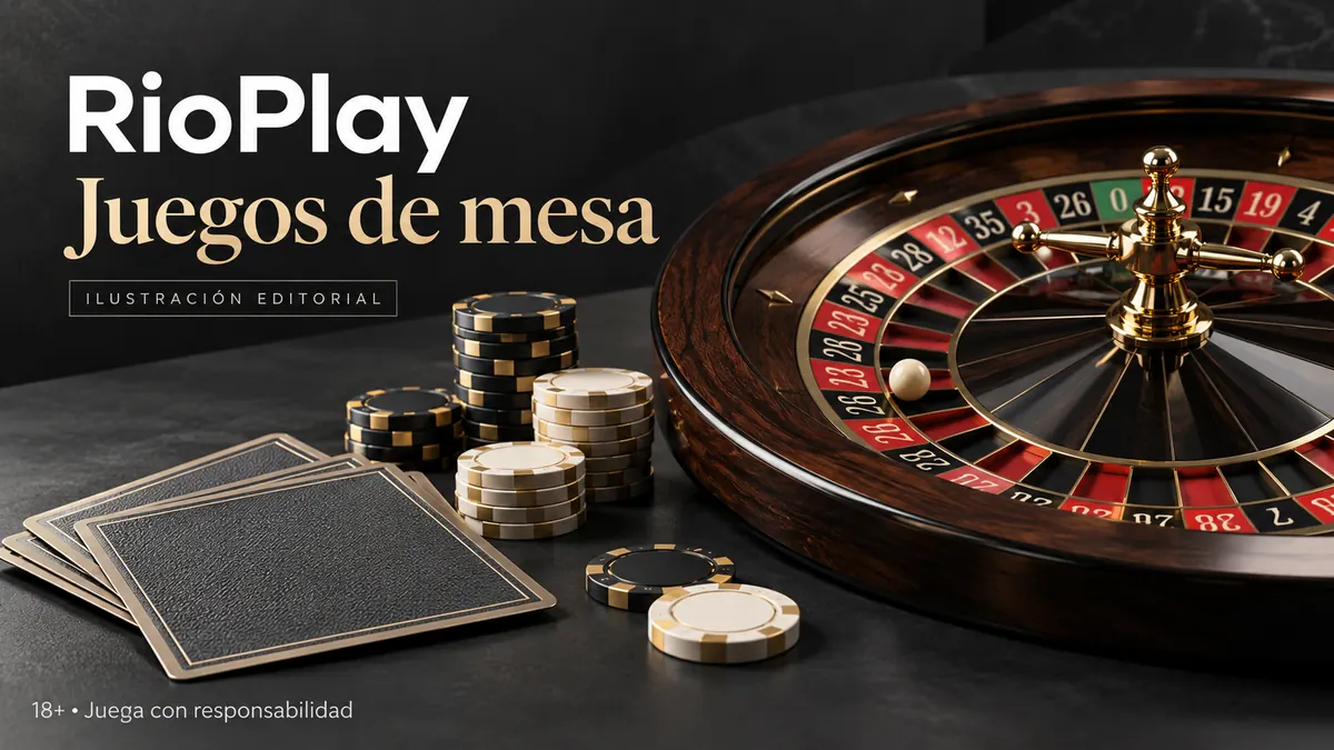 Juegos de mesa en RioPlay: ruleta, blackjack y bacará. Ilustración editorial.
