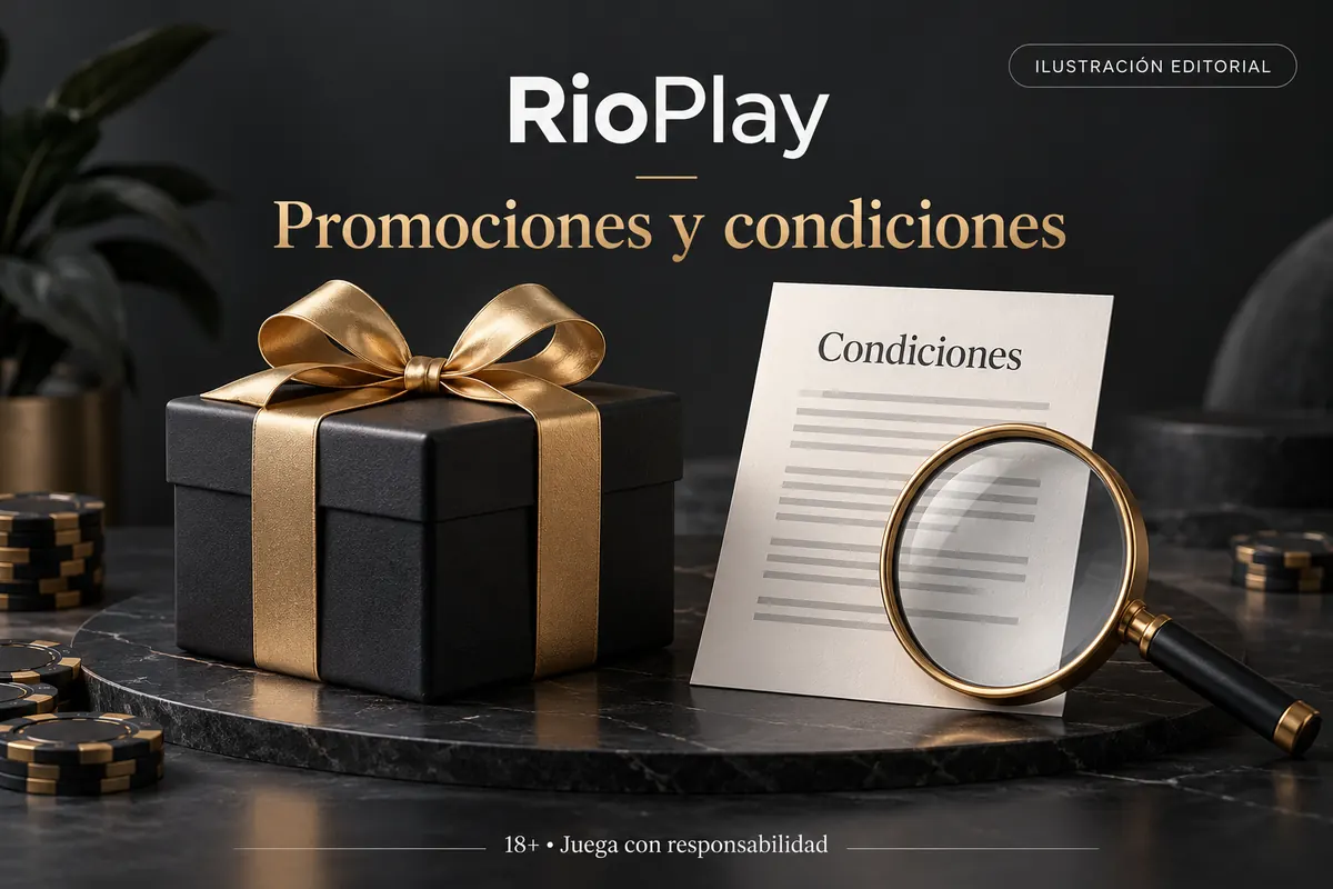 Promociones y condiciones en RioPlay: revisa el rollover y la apuesta máxima. Ilustración editorial.