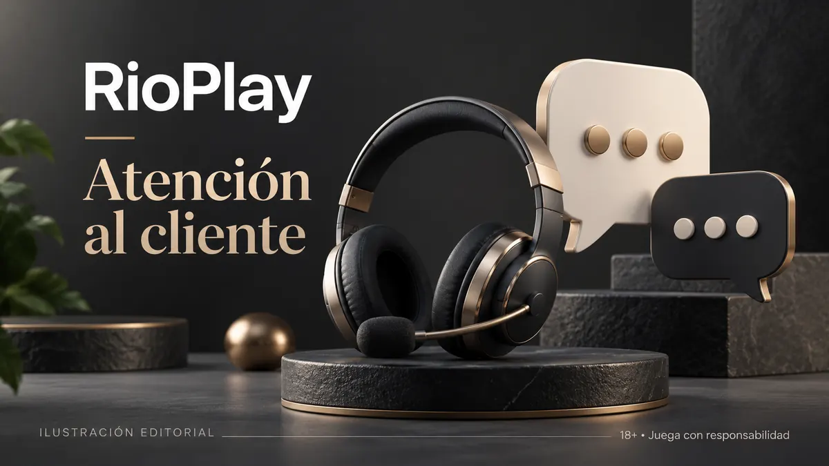 Atención al cliente de RioPlay: chat y correo; comprueba horarios e idioma. Ilustración editorial.