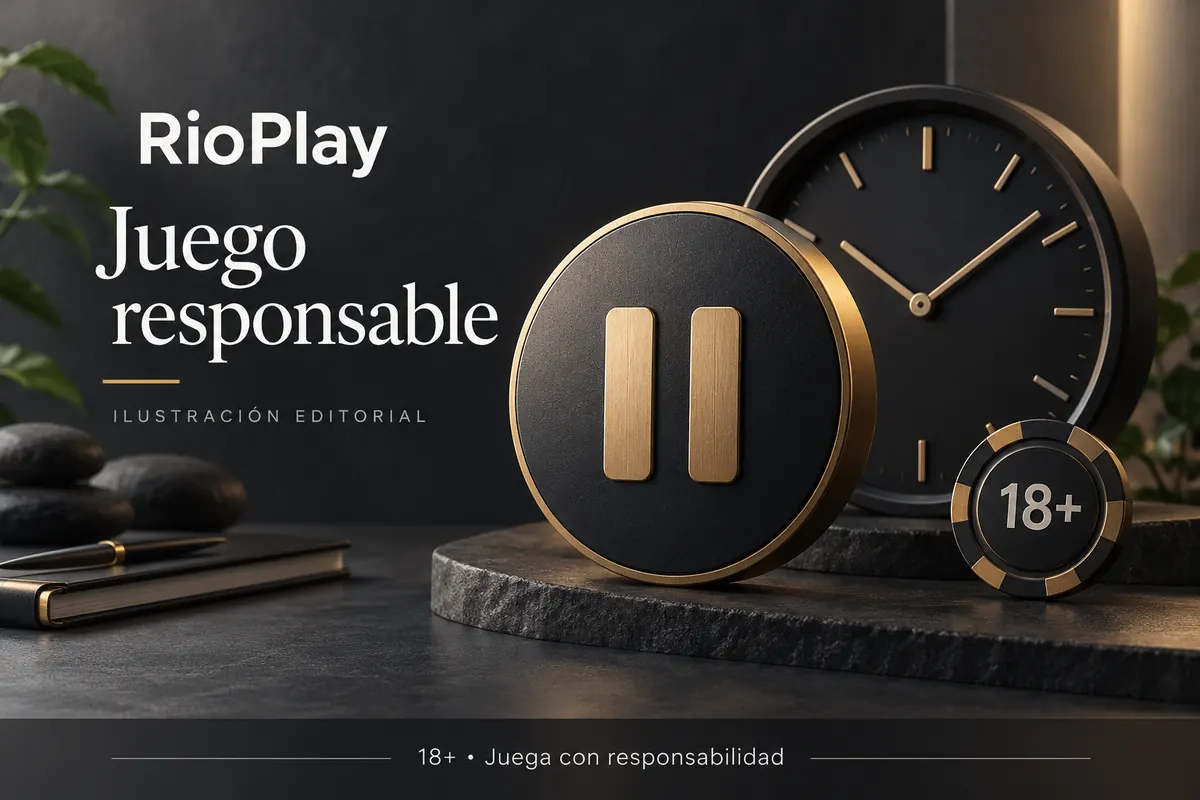 Juego responsable en RioPlay: límites de depósito, pausas y autoexclusión. Ilustración editorial.