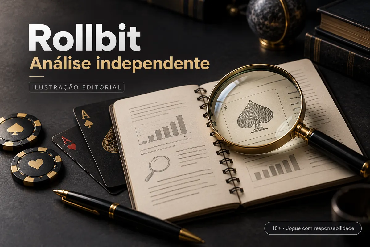 Análise independente de Rollbit: o que verificamos antes de recomendar. Ilustração editorial.