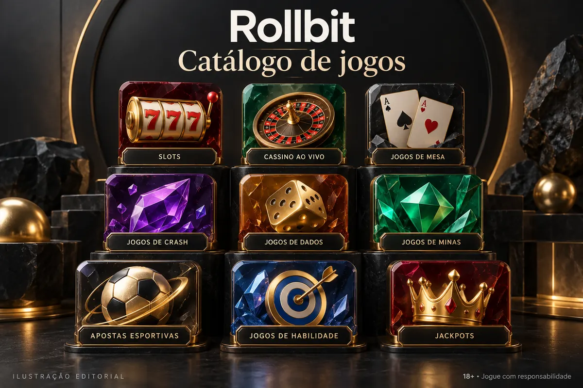 Catálogo de jogos de Rollbit: slots, mesas e cassino ao vivo. Ilustração editorial.