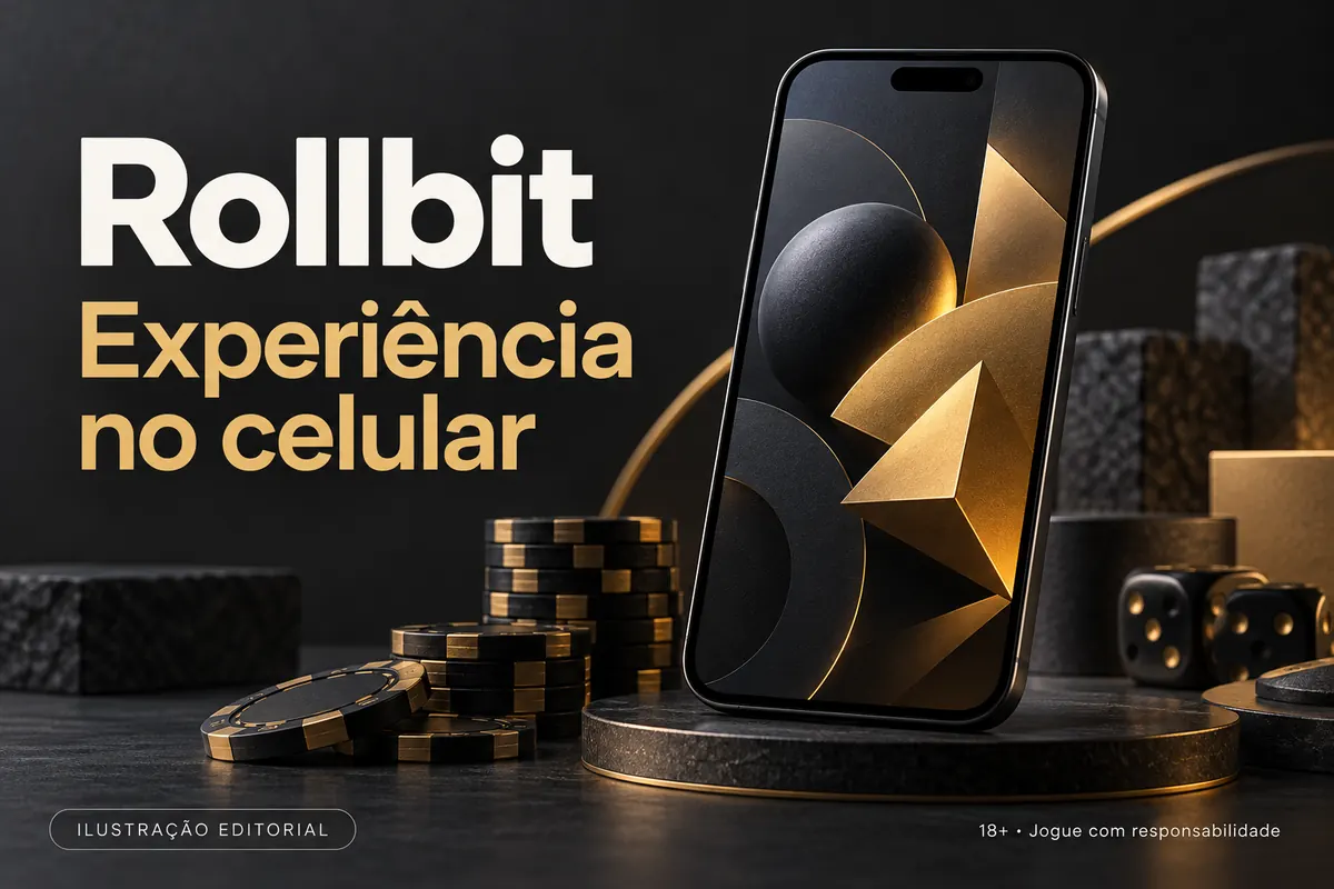 Rollbit no celular: funciona pelo navegador, o app é opcional. Ilustração editorial.