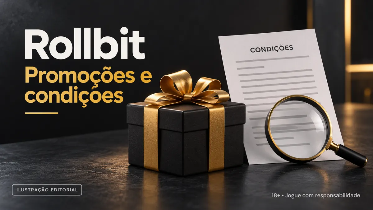 Promoções e condições em Rollbit: confira o rollover e a aposta máxima. Ilustração editorial.