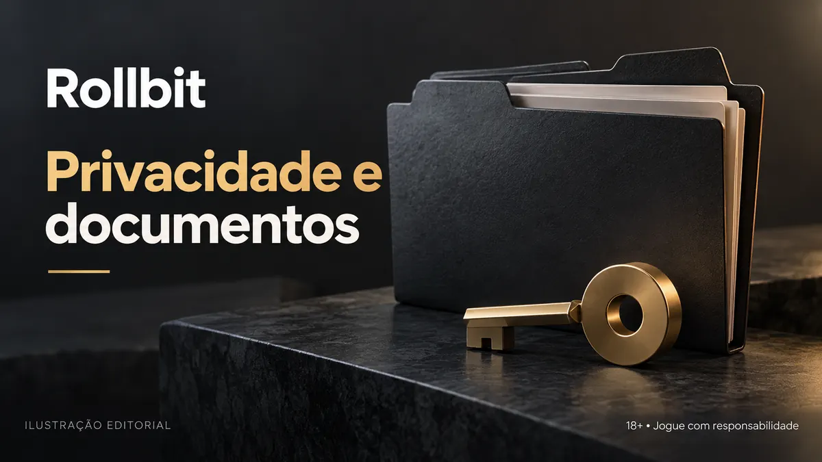 Privacidade e documentos em Rollbit: verificação de identidade antes do primeiro saque. Ilustração editorial.