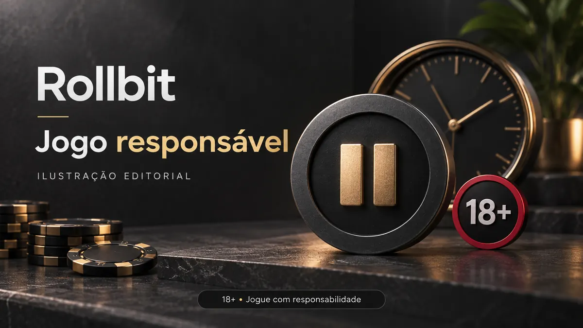 Jogo responsável em Rollbit: limites de depósito, pausas e autoexclusão. Ilustração editorial.