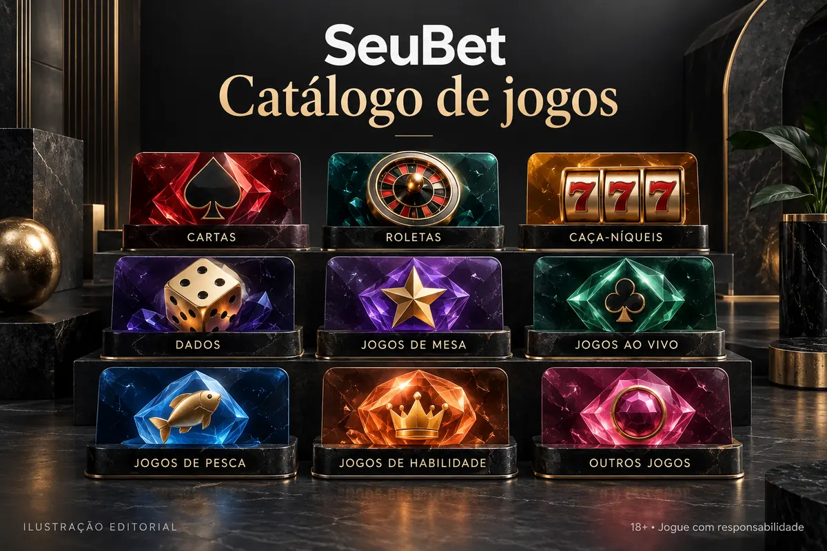 Catálogo de jogos de SeuBet: slots, mesas e cassino ao vivo. Ilustração editorial.