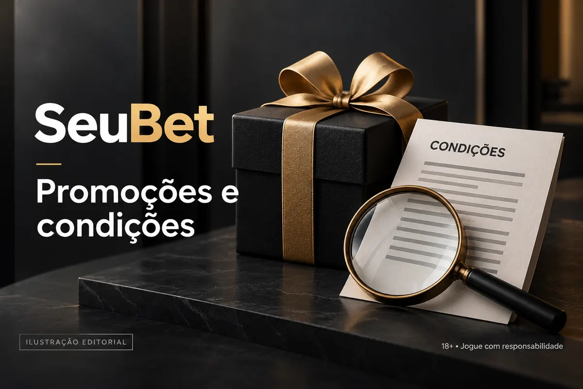 Promoções e condições em SeuBet: confira o rollover e a aposta máxima. Ilustração editorial.