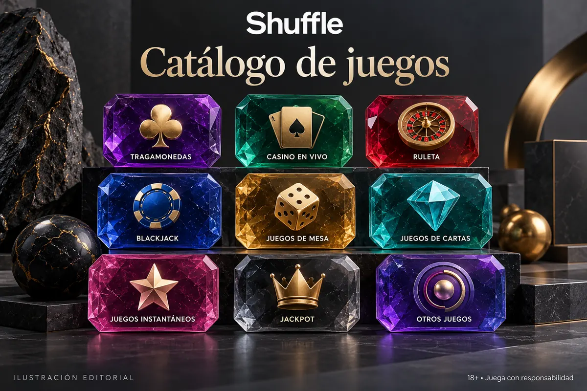 Catálogo de juegos de Shuffle: tragamonedas, mesas y casino en vivo. Ilustración editorial.