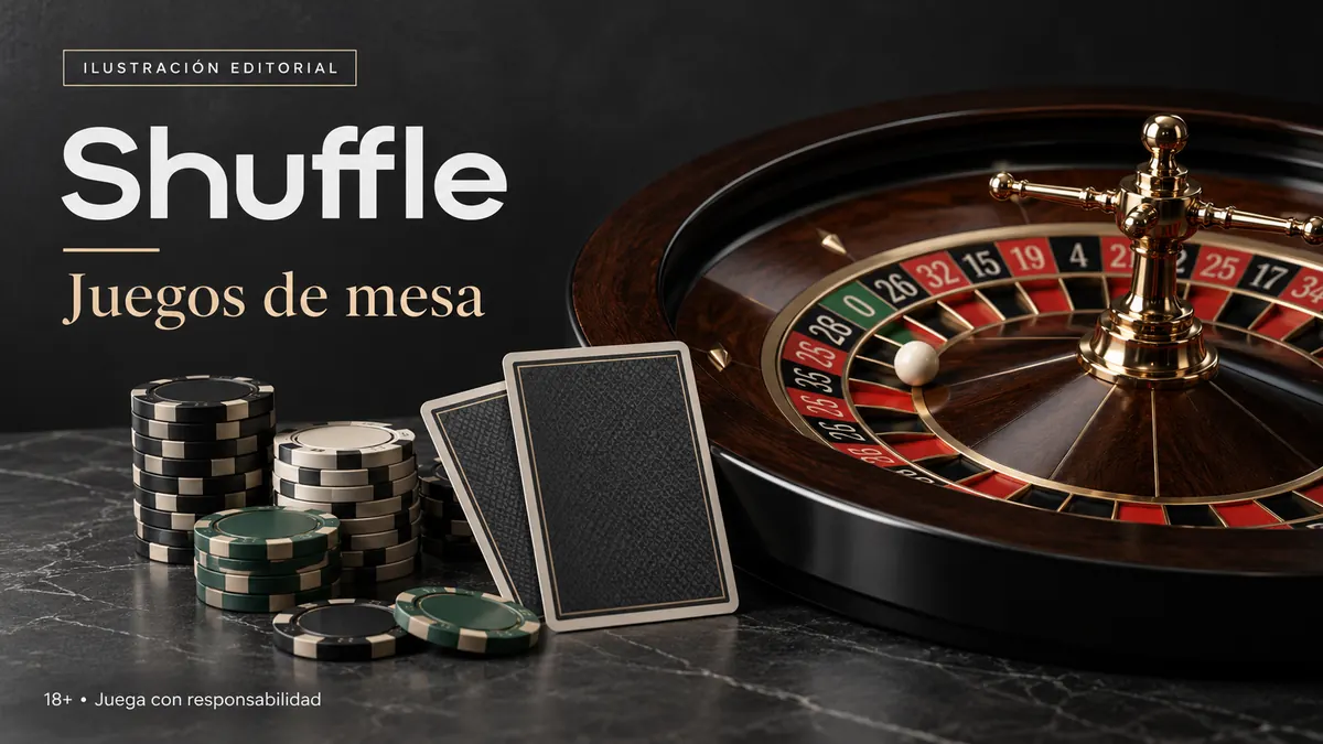 Juegos de mesa en Shuffle: ruleta, blackjack y bacará. Ilustración editorial.