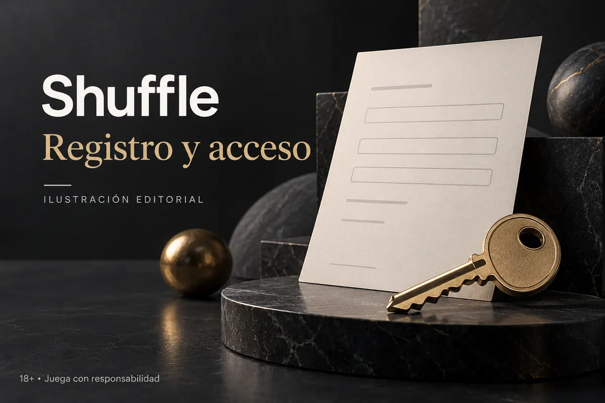 Registro y acceso en Shuffle: datos reales y verificación de la cuenta. Ilustración editorial.