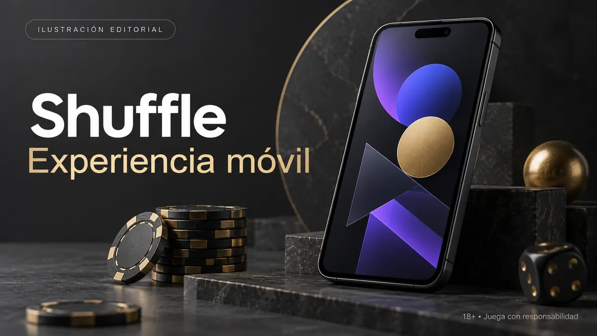 Shuffle en el celular: funciona desde el navegador, la app es opcional. Ilustración editorial.
