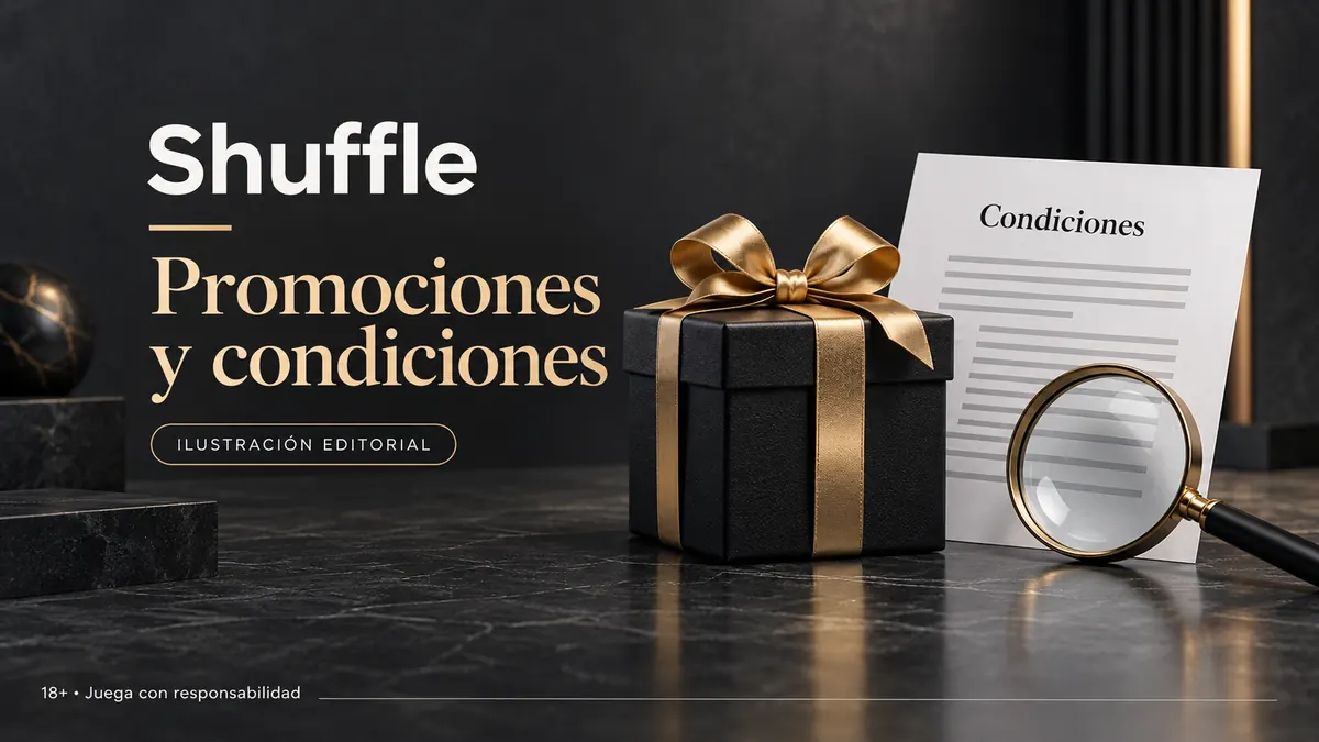 Promociones y condiciones en Shuffle: revisa el rollover y la apuesta máxima. Ilustración editorial.