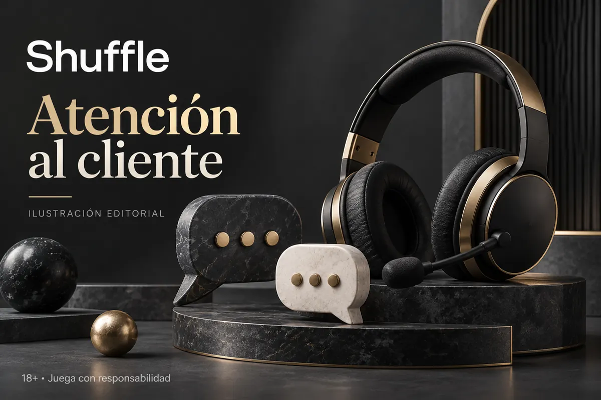Atención al cliente de Shuffle: chat y correo; comprueba horarios e idioma. Ilustración editorial.
