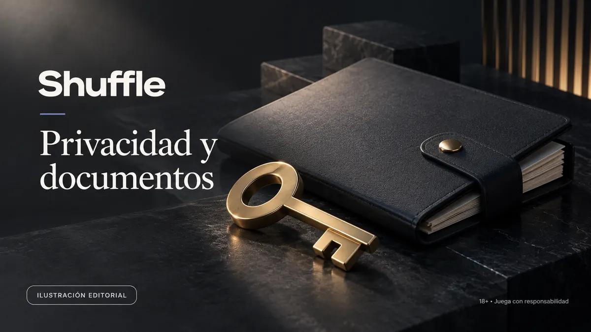 Privacidad y documentos en Shuffle: verificación de identidad antes del primer retiro. Ilustración editorial.